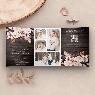 Rustic Wood Earthy Ivory Floral QR Code Wedding Tri-Fold Invitation