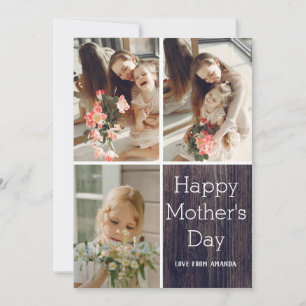 Rustic Wood Elegant Happy mothers Day, three photo Card