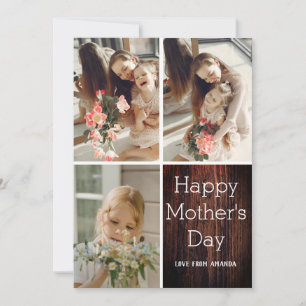 Rustic Wood Elegant Happy mothers Day, three photo Card
