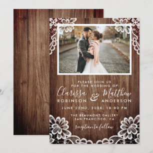 Rustic Wood & Elegant Lace Wedding Photo Invitation