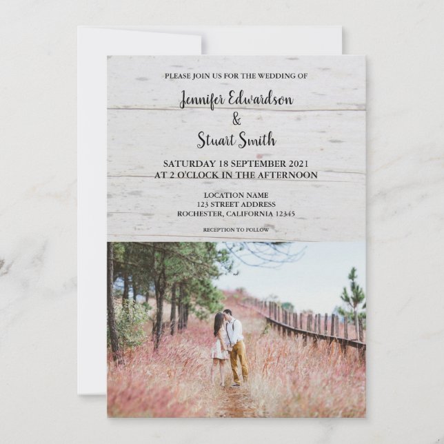 Rustic wood elegant photo country wedding invitation (Front)
