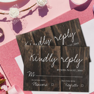 Rustic Wood Elegant Script Wedding RSVP Card
