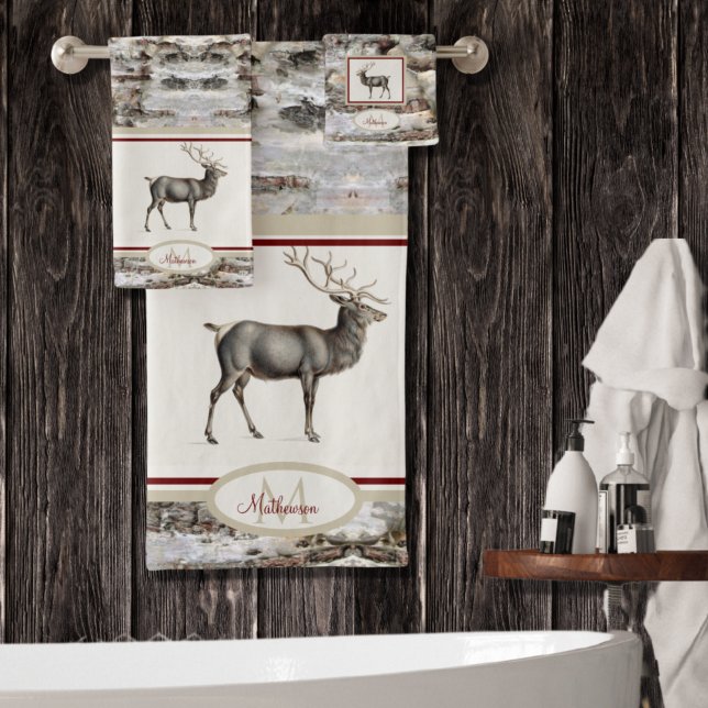Rustic Wood Elk/ Reindeer Family Monogram tan grey Bath Towel Set (Creator Uploaded)