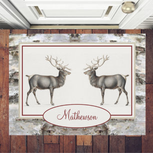 Rustic Wood Elk/ Reindeer Family Monogram tan grey Doormat