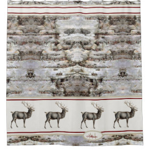 Rustic Wood Elk/ Reindeer Family Monogram tan grey Shower Curtain