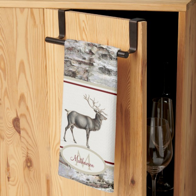 Rustic Wood Elk/ Reindeer Family Monogram tan grey Tea Towel (Thirds Fold)