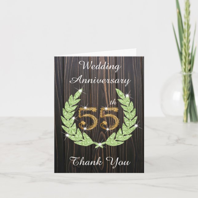 Rustic Wood Emerald Laurel 55th Anniversary Thank You Card (Front)
