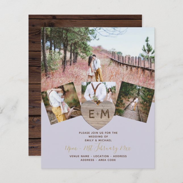 Rustic Wood Engraved Heart PHOTO COLLAGE  Invitati (Front/Back)