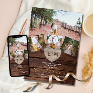 Rustic Wood Engraved Heart PHOTO COLLAGE WEDDINGs  Invitation