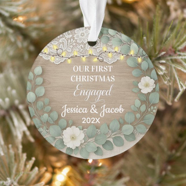 Rustic Wood & Eucalyptus First Christmas Engaged Ornament (Tree)