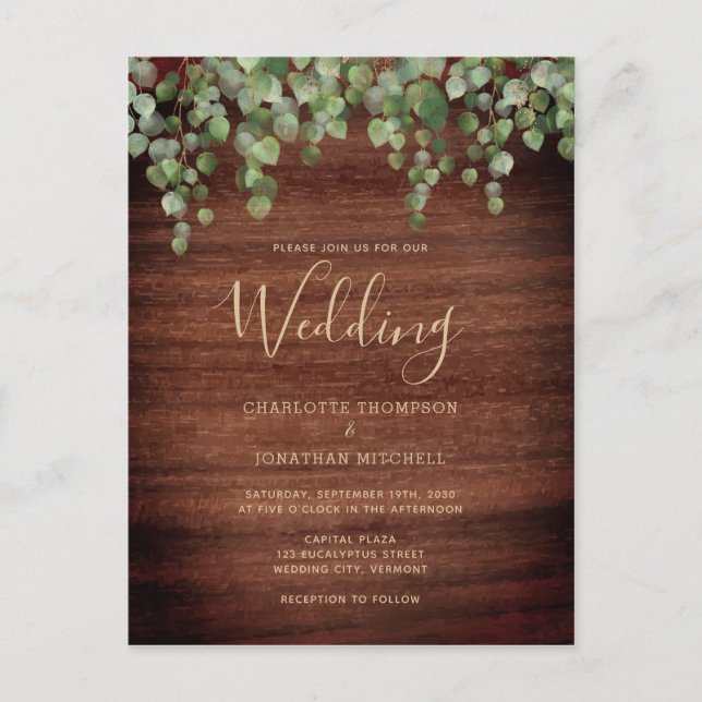 Rustic Wood Eucalyptus Foliage Greenery Wedding Invitation Postcard (Front)