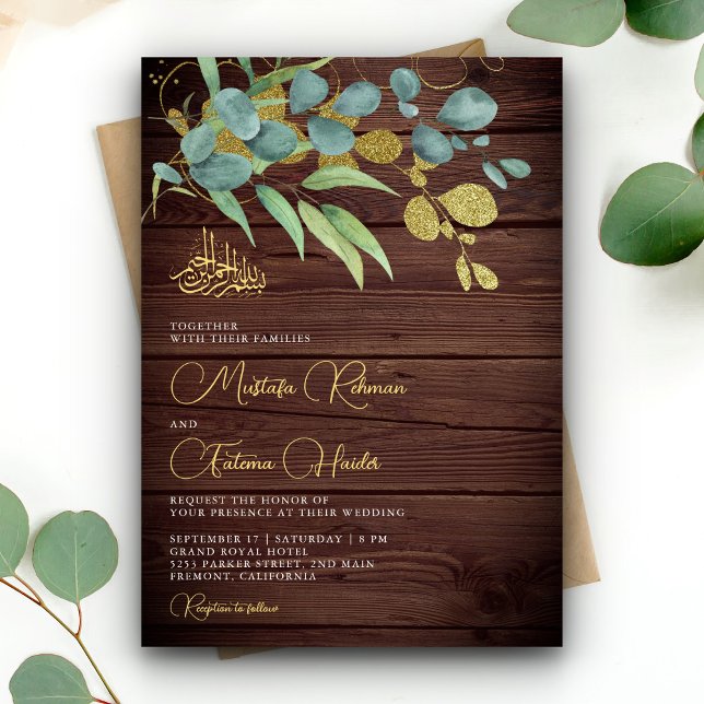 Rustic Wood Eucalyptus Gold Branch Islamic Wedding Invitation (Creator Uploaded)