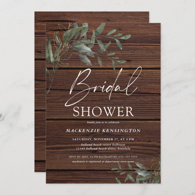 Rustic Wood Eucalyptus Gold Elegant Bridal Shower Invitation (Front/Back)