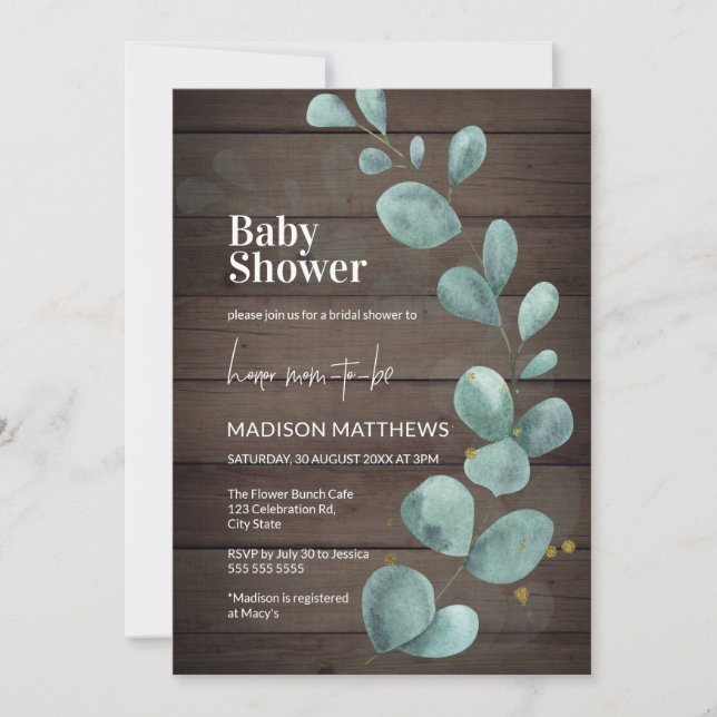 Rustic Wood Eucalyptus Greenery Baby Shower Invita Invitation (Front)