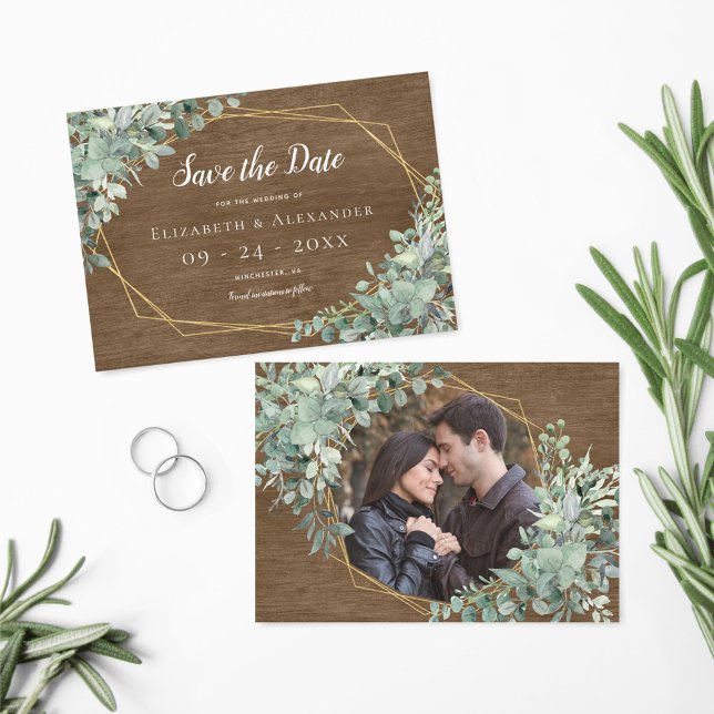 Rustic Wood Eucalyptus Greenery Geometric Photo Save The Date (Creator Uploaded)