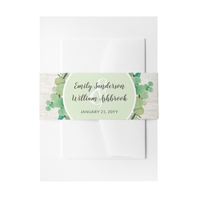 Rustic Wood & Eucalyptus Leaf Botanical Wedding Invitation Belly Band (Front Example)