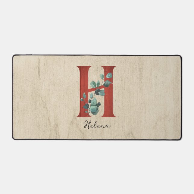 Rustic Wood & Eucalyptus Letter H Personalised Desk Mat (Front)