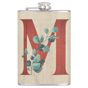 Rustic Wood & Eucalyptus Letter M   Hip Flask
