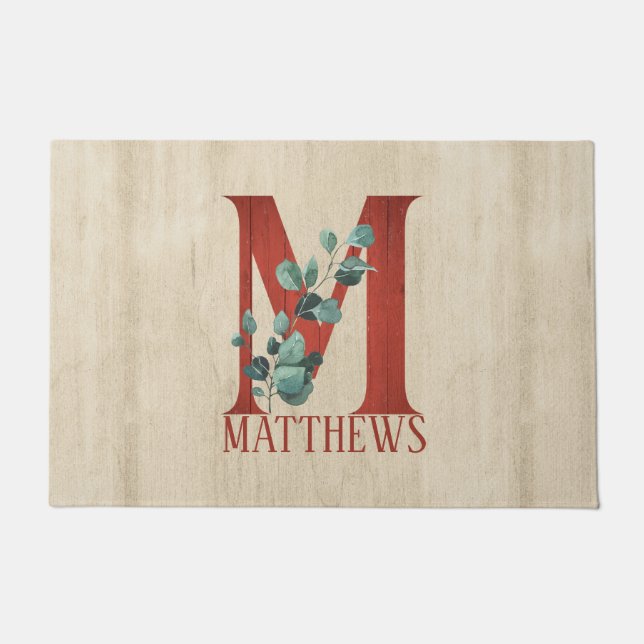 Rustic Wood & Eucalyptus Letter M Personalised Doormat (Front)