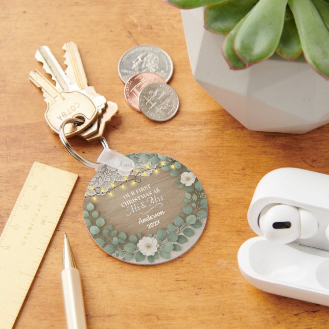Rustic Wood & Eucalyptus Mr & Mrs Christmas Key Ring (Desk)