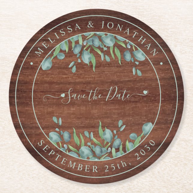  Rustic Wood Eucalyptus Wedding Save The Date Round Paper Coaster (Front)