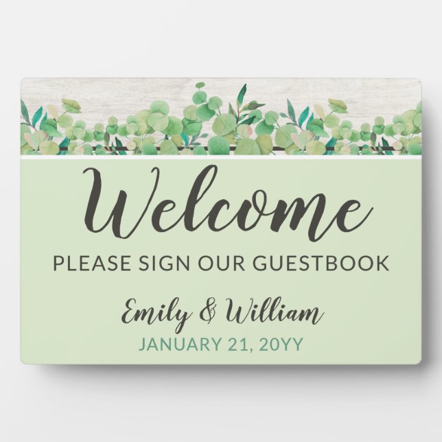 Rustic Wood & Eucalyptus Welcome Wedding Guestbook Plaque (Front)