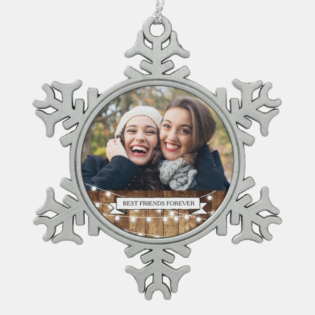 Rustic Wood & Fairy Lights Best Friends Forever Snowflake Pewter Christmas Ornament (Front)