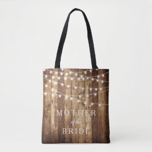 Rustic Wood & Fairy Lights Custom Bridal Party Tote Bag