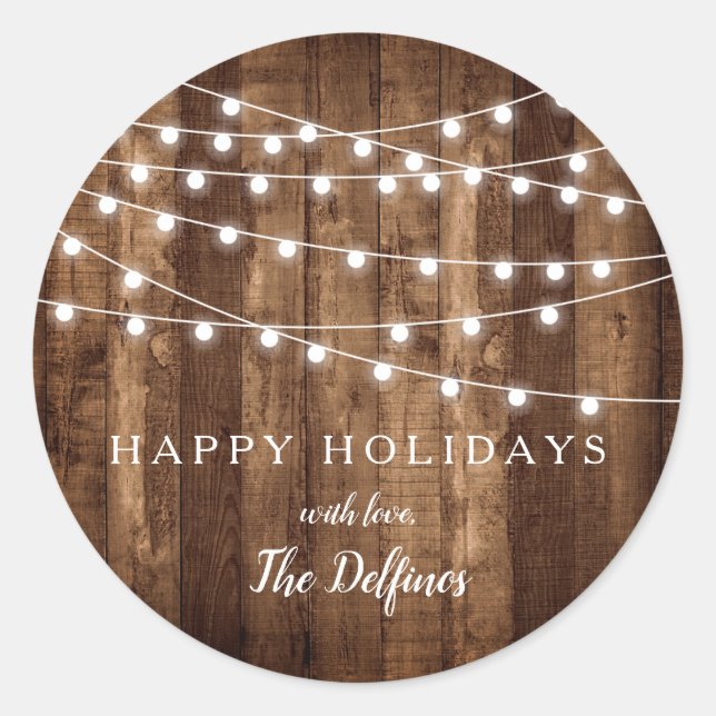 Rustic Wood Fairy Lights Customised Holiday Classic Round Sticker (Front)