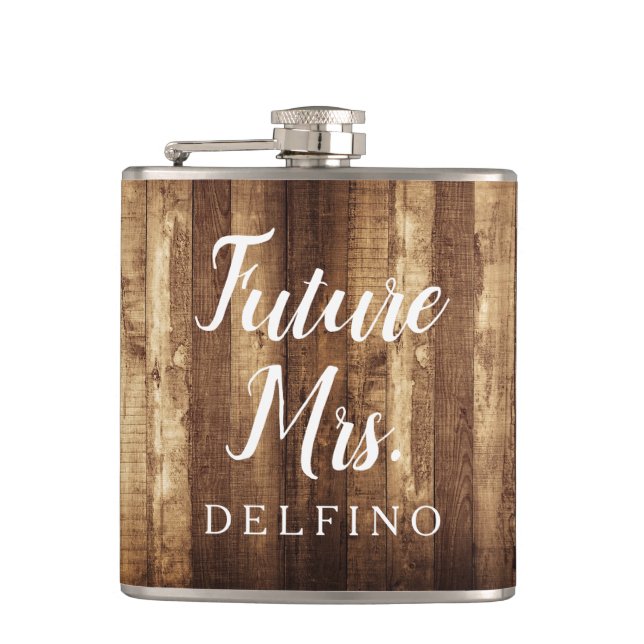 Rustic Wood & Fairy Lights Future Mrs Monogrammed Hip Flask (Front)