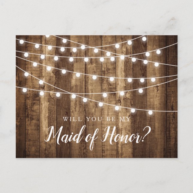 Rustic Wood & Fairy Lights Maid of Honour Proposal Postcard (Front)