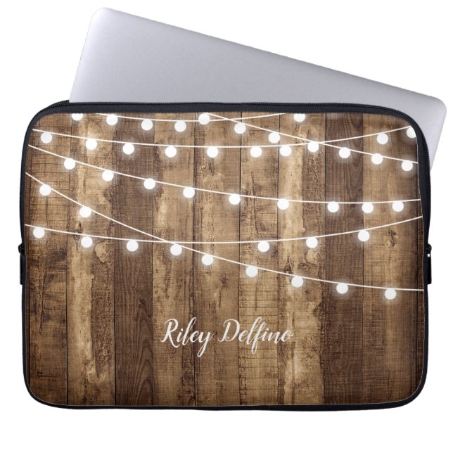 Rustic Wood & Fairy Lights Monogrammed Neoprene Laptop Sleeve (Front)