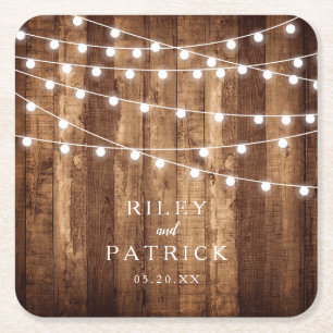 Rustic Wood & Fairy Lights Personalised Wedding Square Paper Coaster