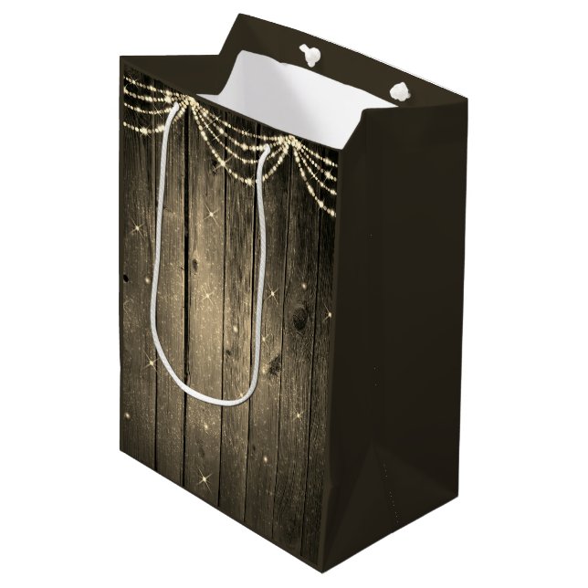 Rustic Wood Fairy Lights Sparkle Medium Gift Bag (Front Angled)