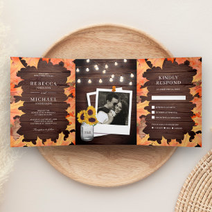 Rustic Wood Fall Autumn Maple Leaves Photo Wedding Tri-Fold Invitation