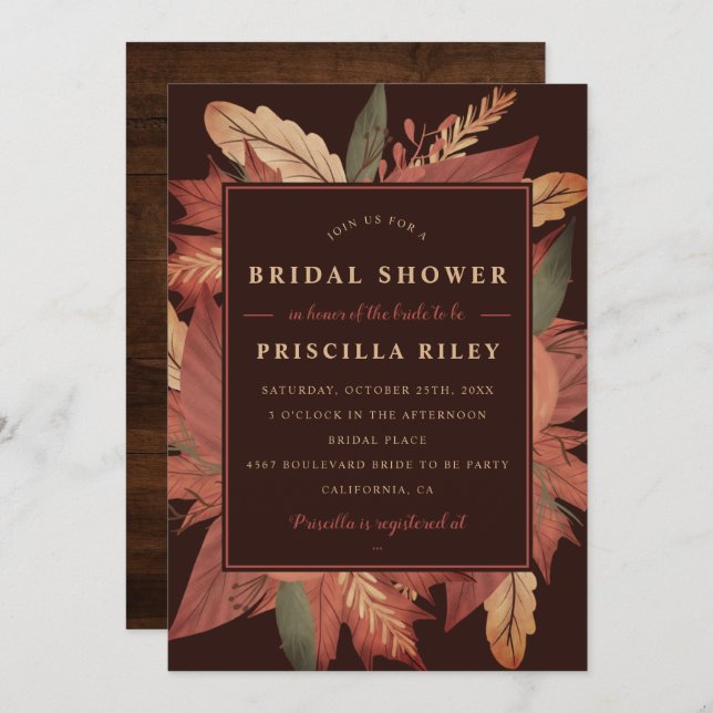 Rustic wood fall brown floral bridal shower invitation (Front/Back)