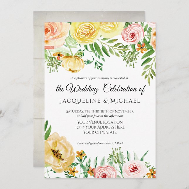Rustic Wood Fall Colour Blush Yellow Peach Floral Invitation (Front/Back)