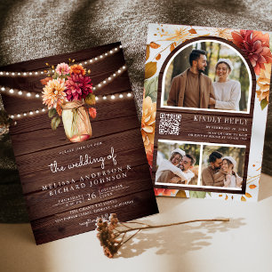 Rustic Wood Fall Dahlia Mason Jar QR Code Wedding Invitation