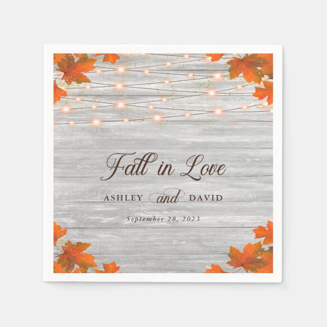 Rustic Wood Fall In Love String Lights Wedding Napkin (Front)