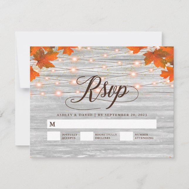 Rustic Wood Fall Leaves String Lights Wedding RSVP Card (Front)