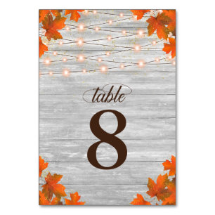 Rustic Wood Fall Leaves String Lights Wedding Table Number