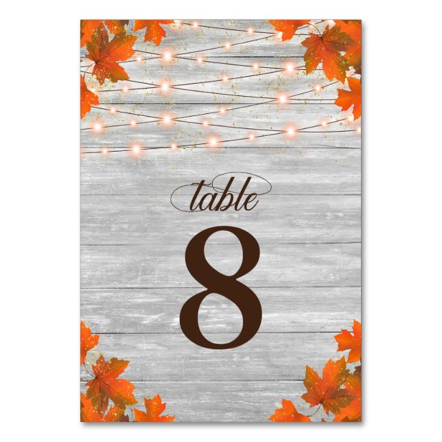 Rustic Wood Fall Leaves String Lights Wedding Table Number (Front)