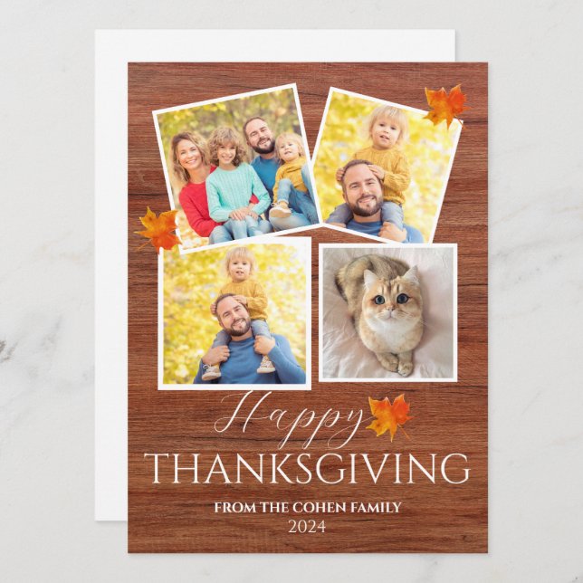 Rustic Wood Fall Leaves thanksgiving family photo Holiday Card (Front/Back)