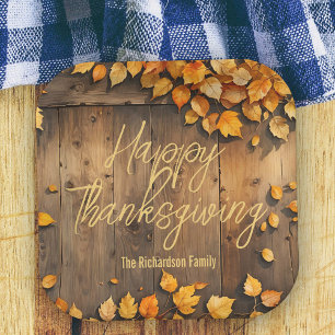 Rustic Wood Fall Leaves Wood Family Thanksgiving Paper Plate