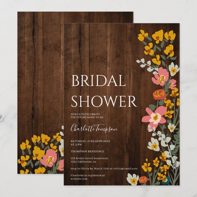  Rustic wood fall retro flowers bridal shower Invitation (Front/Back)