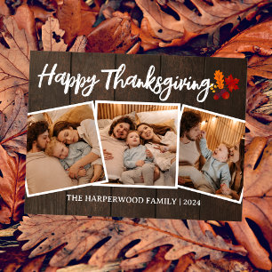 Rustic Wood Fall Simple thanksgiving family photo Holiday Postcard