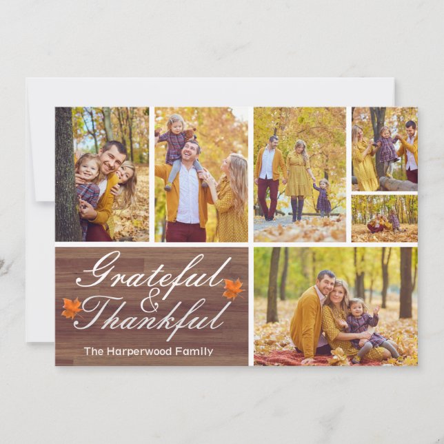 Rustic Wood Fall thanksgiving family photo collage Holiday Card (Front)