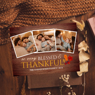 Rustic Wood Fall thanksgiving family Three photo Holiday Card