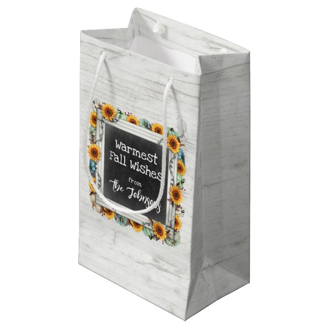 Rustic Wood Fall Thanksgiving Sunflower Pumpkins Small Gift Bag (Front Angled)