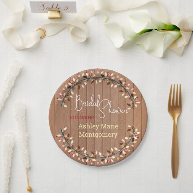 Rustic Wood Fall Wreath Leaves Bridal Shower Paper Plate (Wedding)